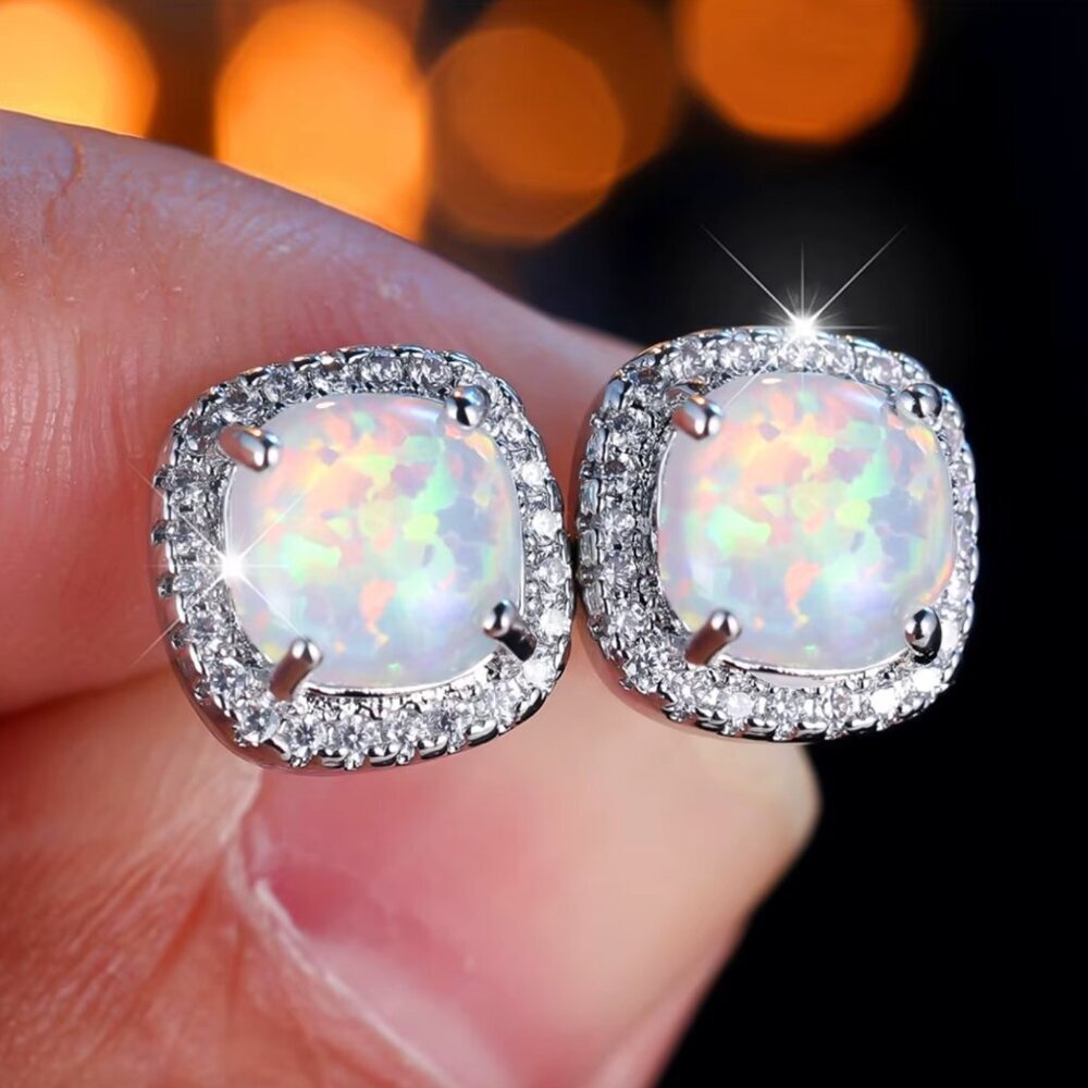 NEW Sterling Silver White Opal Diamond Earrings Cushion Cut Stud Earrings